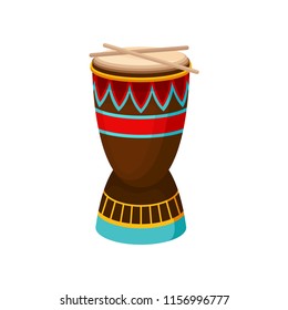 African drum djembe with ethnic ornament, authentic symbol of Africa vector Illustration on a white background