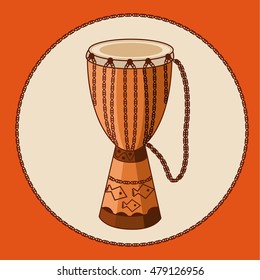 African drum djembe with ornament and ropes. Earthtone colors. Hand drawn ethnic musical instrument. Vector EPS10 cartoon illustration.