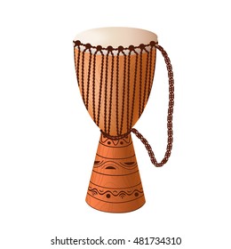 African drum djembe with ornament and ropes.Ethnic musical instrument. Vector EPS10 realistic illustration.