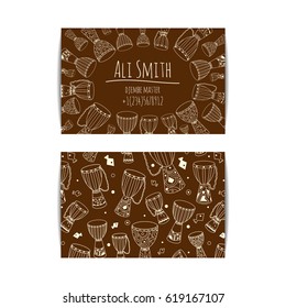 African drum visit card. Djembe master drummer business card. Isolated beige template with zulu ornament. Warm ethnic colors. Hand drawn doodle set for african musician, teacher, master.