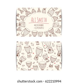 African drum visit card. Djembe master drummer business card. Isolated beige template with zulu ornament. Warm ethnic colors. Hand drawn doodle set for african musician, teacher, master.