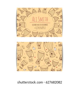 African drum visit card. Djembe master drummer business card. Isolated beige template with zulu ornament. Warm ethnic colors. Hand drawn doodle set for african musician, teacher, master.