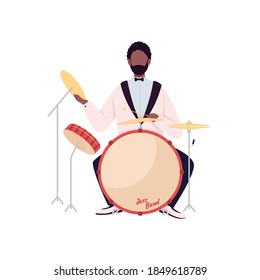 African drummer flat color vector faceless character. Jazz band musician. Acoustic music performance. Man play on drum set isolated cartoon illustration for web graphic design and animation