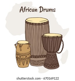 African drums. Colored hand drawn vector illustration