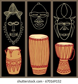 African drums and masks. Colored hand drawn vector illustration