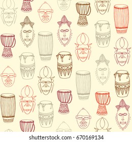 African drums and masks. Seamless pattern. Hand drawn vector illustration