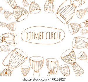 African drums ornament. Sketchy flyer design decorated with ethnic instruments doodles. For percussion school or jam. Text "djembe circle". Vector EPS10 illustration.