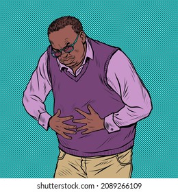 african elderly man abdominal pain, diseases of the stomach, intestines or other internal organs. Pop art Retro vector Illustration 50s 60s Vintage kitsch style