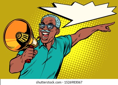 African Elderly Man With A Megaphone. Pop Art Retro Vector Illustration Drawing Vintage Kitsch