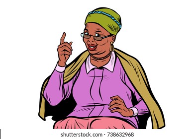 African elderly woman pointing finger up, isolate on white background. Pop art retro vector illustration