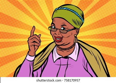 African elderly woman pointing finger up. Pop art retro vector illustration