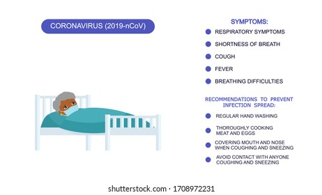 African elderly woman with virus disease. Sick old woman with medical mask in hospital bed. Patient relaxingInfographics list of recommendations for protection against coronavirus, symptoms 