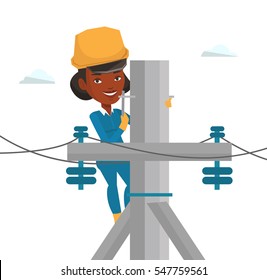 African electrician working on electric power pole. Electrician at work on electric power pole. Electrician repairing electric power pole. Vector flat design illustration isolated on white background.