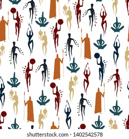 African elements silhouette man vector ancient Neolithic paleo rock carvings seamless pattern