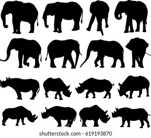 African elephant and Black rhinoceros silhouette contour