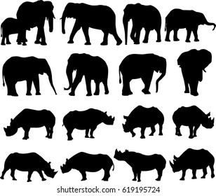 African elephant and Black rhinoceros silhouette contour