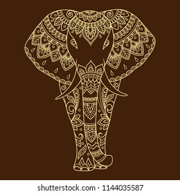 African elephant decorated with Indian ethnic floral vintage pattern. Hand drawn decorative animal in doodle style. Stylized mehndi ornament for tattoo, print, cover, book and coloring page.