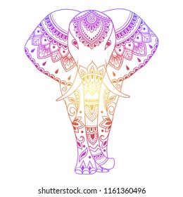 African elephant decorated with Indian ethnic floral vintage pattern. Color hand drawn decorative animal in doodle style. Stylized mehndi ornament for tattoo, print, cover.
