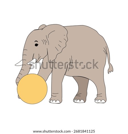 African elephant line drawing showing wild animal standing with ball play