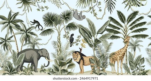 African elephant, lion, giraffe, sloth, monkey, parrot, palm tree, plant mural. Safari botanical wallpaper.