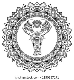 African elephant in mandala decorated with Indian ethnic floral vintage pattern. Hand drawn decorative animal in doodle style. Stylized mehndi ornament for tattoo, print, cover and coloring page.