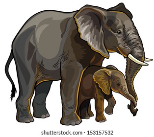 african elephant mother with baby side view vector illustration isolated on white background