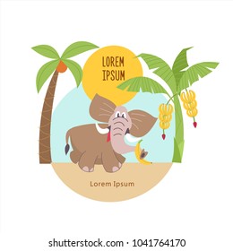 African elephant near the banana trees. Vector illustration. The African flora and fauna. Isolated on a white background.