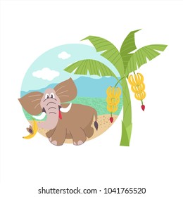 African elephant near the banana trees. Vector illustration. The African flora and fauna. Isolated on a white background.