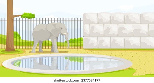 African elephant near brick wall, fence and pond in zoo enclosure. Safari vacation. Natural wildlife. Cartoon design. Cute character. Picturesque landscape. Wild savanna with tree. Vector illustration