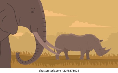 African elephant and rhinoceros. Large herbivorous mammal. Zoo wild animal. Wild savanna landscape. Wildlife and zoo. Nature and fauna. Cartoon vector illustration