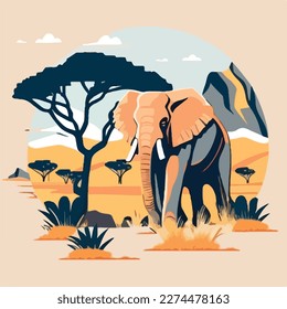 African elephant in the savanna. Threatened or endangered species animals. Flat vector illustration concept