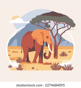 African elephant in the savanna. Threatened or endangered species animals. Flat vector illustration concept