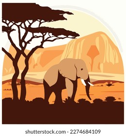 African elephant in the savanna. Threatened or endangered species animals. Flat vector illustration concept