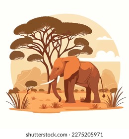 African elephant in the savanna. Threatened or endangered species animals. Flat vector illustration concept