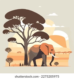 African elephant in the savanna. Threatened or endangered species animals. Flat vector illustration concept