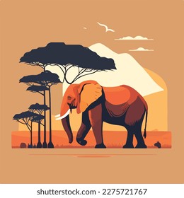African elephant in the savanna. Threatened or endangered species animals. Flat vector illustration concept