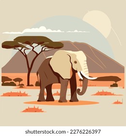 African elephant in the savanna. Threatened or endangered species animals. Flat vector illustration concept