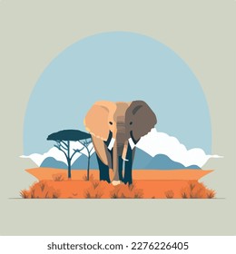 African elephant in the savanna. Threatened or endangered species animals. Flat vector illustration concept