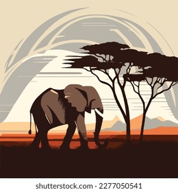 African elephant in the savanna. Threatened or endangered species animals. Flat vector illustration concept