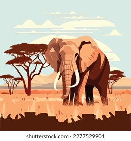 African elephant in the savanna. Threatened or endangered species animals. Flat vector illustration concept