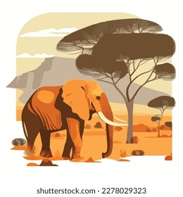 African elephant in the savanna. Threatened or endangered species animals. Flat vector illustration concept