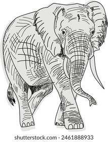 African Elephant Sketch with hatching art, isolate in white background.