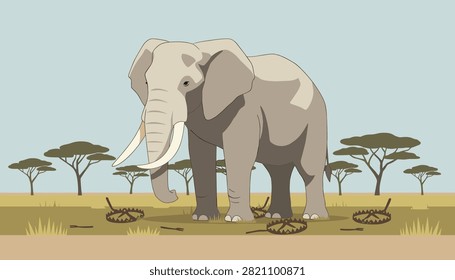 African elephant standing alone in savanna landscape surrounded by dangerous metal animal traps on ground.