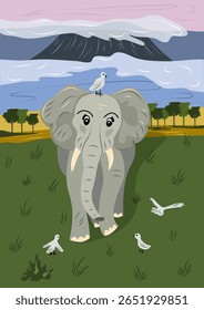 Elefante africano cercado por pássaros com um pano de fundo de savana e montanhas. Crianças ilustração vetorial animal bonito.