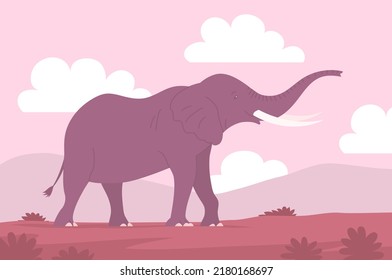 African elephant with trunk and tusks. Large herbivorous mammal. Zoo wild animal. Wild savanna landscape. Wildlife and zoo. Nature and fauna. Cartoon vector illustration