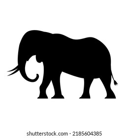 African elephant with tusks. Black silhouette. Savannah wild animal. Big herbivorous mammal. Logo design template, sign, symbol. Vector illustration isolated on white background