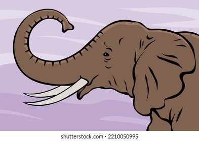 African elephant with tusks. Head portrait. Savannah wild animal. Large herbivorous mammal. Cartoon vector illustration. Hand drawn outline style