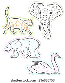 African elephant with tusks, prowling cat, polar bear, swimming swan