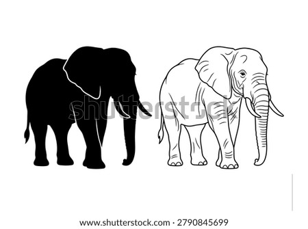 African elephant vector graphics with solid black shape and intricate line work. Powerful wildlife animal icons.