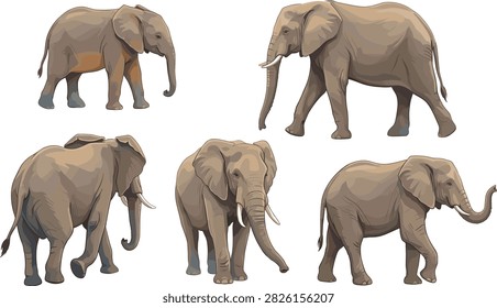 African elephant vector illustration set featuring adult and young wild animals in various walking, standing, and profile poses on white background